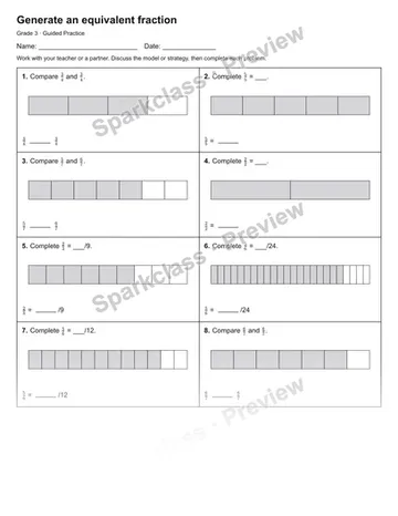 Generate an equivalent fraction — Guided Practice — Grade 3 worksheet preview