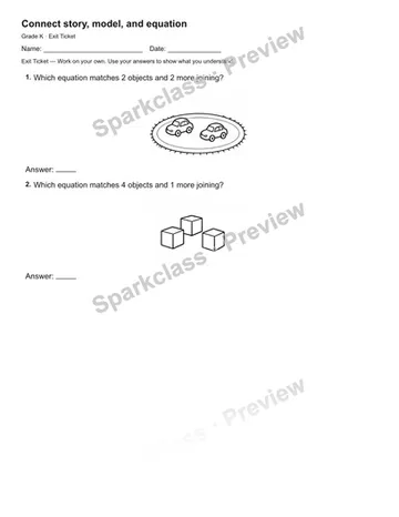 Connect story, model, and equation — Exit Ticket — Kindergarten worksheet preview