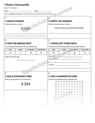 1.Read a thousandth — Homework — Grade 5 worksheet preview
