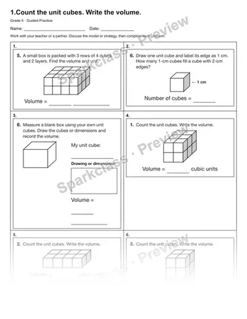 1.Count the unit cubes. Write the volume. — Guided Practice — Grade 5 worksheet preview