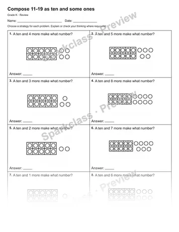 Compose 11-19 as ten and some ones — Review — Kindergarten worksheet preview