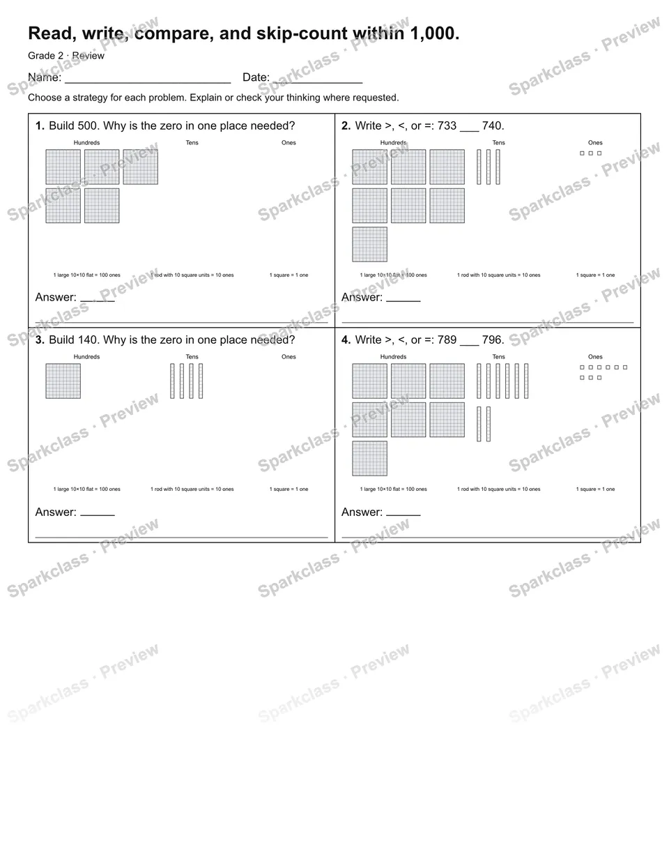 Read, write, compare, and skip-count within 1,000. — Review — page 1