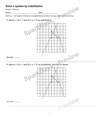 Solve a system by substitution — Warm-up — Grade 8 worksheet preview