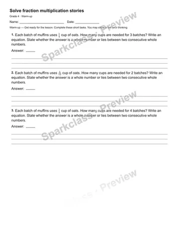 Solve fraction multiplication stories — Warm-up — Grade 4 worksheet preview