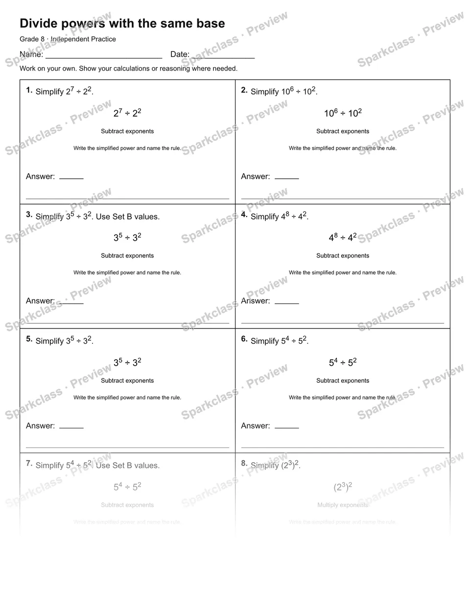 Divide powers with the same base — Independent Practice — page 1