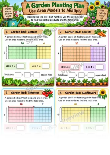 Area Models for Multiplication — Grade 4 worksheet preview