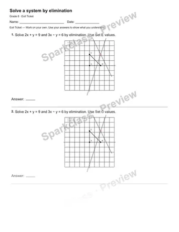 Solve a system by elimination — Exit Ticket — Grade 8 worksheet preview
