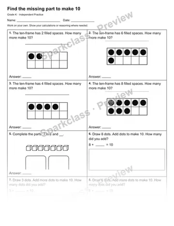Find the missing part to make 10 — Independent Practice — Kindergarten worksheet preview