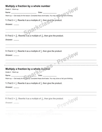 Multiply a fraction by a whole number — Warm-up — Grade 4 worksheet preview