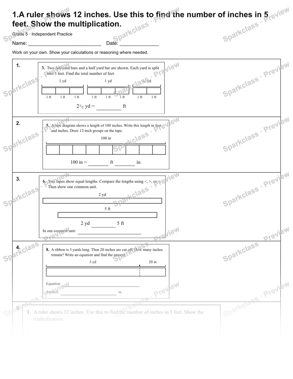 1.A ruler shows 12 inches. Use this to find the number of inches in 5 feet. Show the multiplication. — Independent Practice — page 1