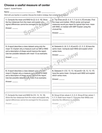 Choose a useful measure of center — Guided Practice — Grade 6 worksheet preview