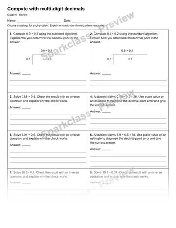 Compute with multi-digit decimals — Review — Grade 6 worksheet preview