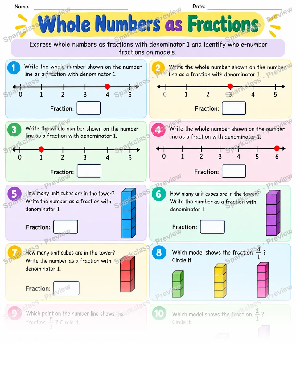 Whole Numbers As Fractions — page 1