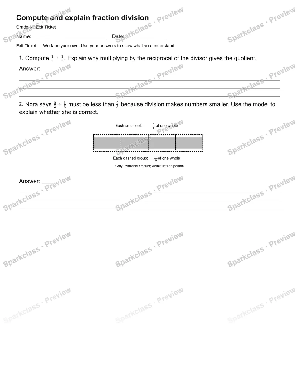 Compute and explain fraction division — Exit Ticket — page 1