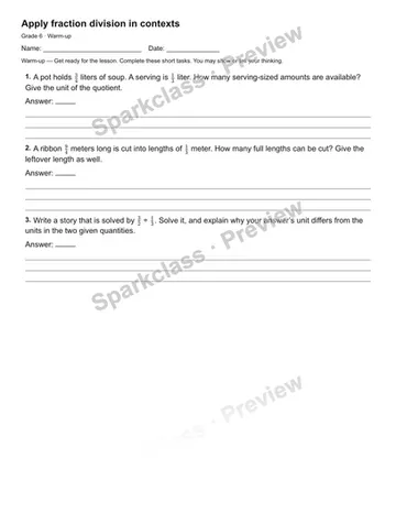 Apply fraction division in contexts — Warm-up — Grade 6 worksheet preview