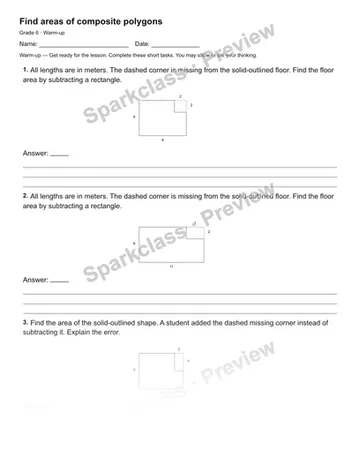 Find areas of composite polygons — Warm-up — Grade 6 worksheet preview