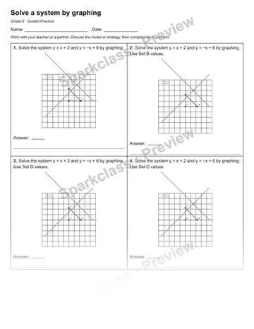 Solve a system by graphing — Guided Practice — Grade 8 worksheet preview
