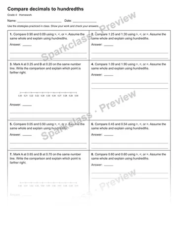 Compare decimals to hundredths — Homework — Grade 4 worksheet preview