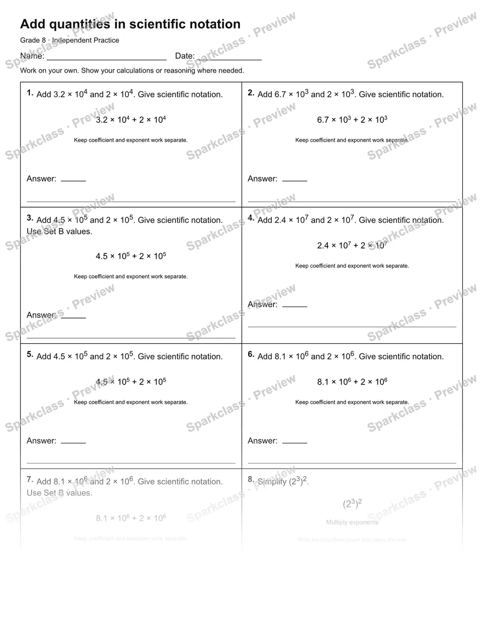 Add quantities in scientific notation — Independent Practice — page 1