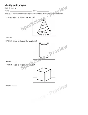 Identify solid shapes — Warm-up — Kindergarten worksheet preview