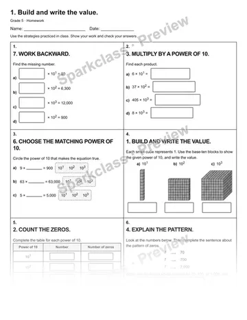 1. Build and write the value. — Homework — Grade 5 worksheet preview