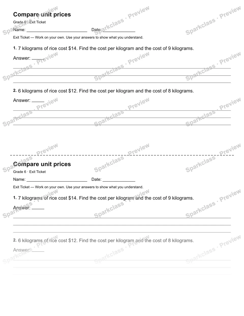 Compare unit prices — Exit Ticket — page 1