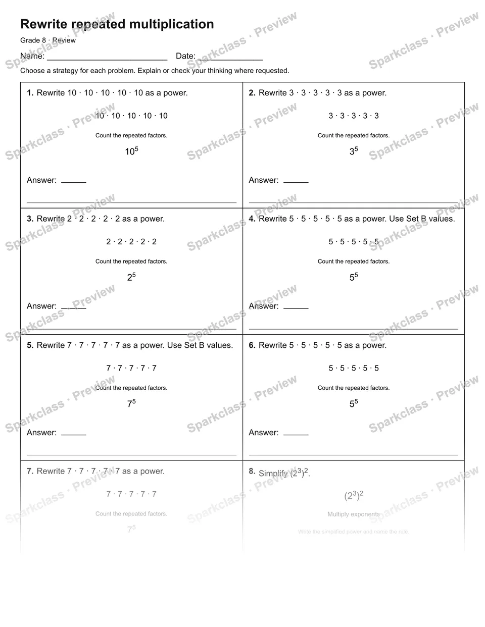 Rewrite repeated multiplication — Review — page 1