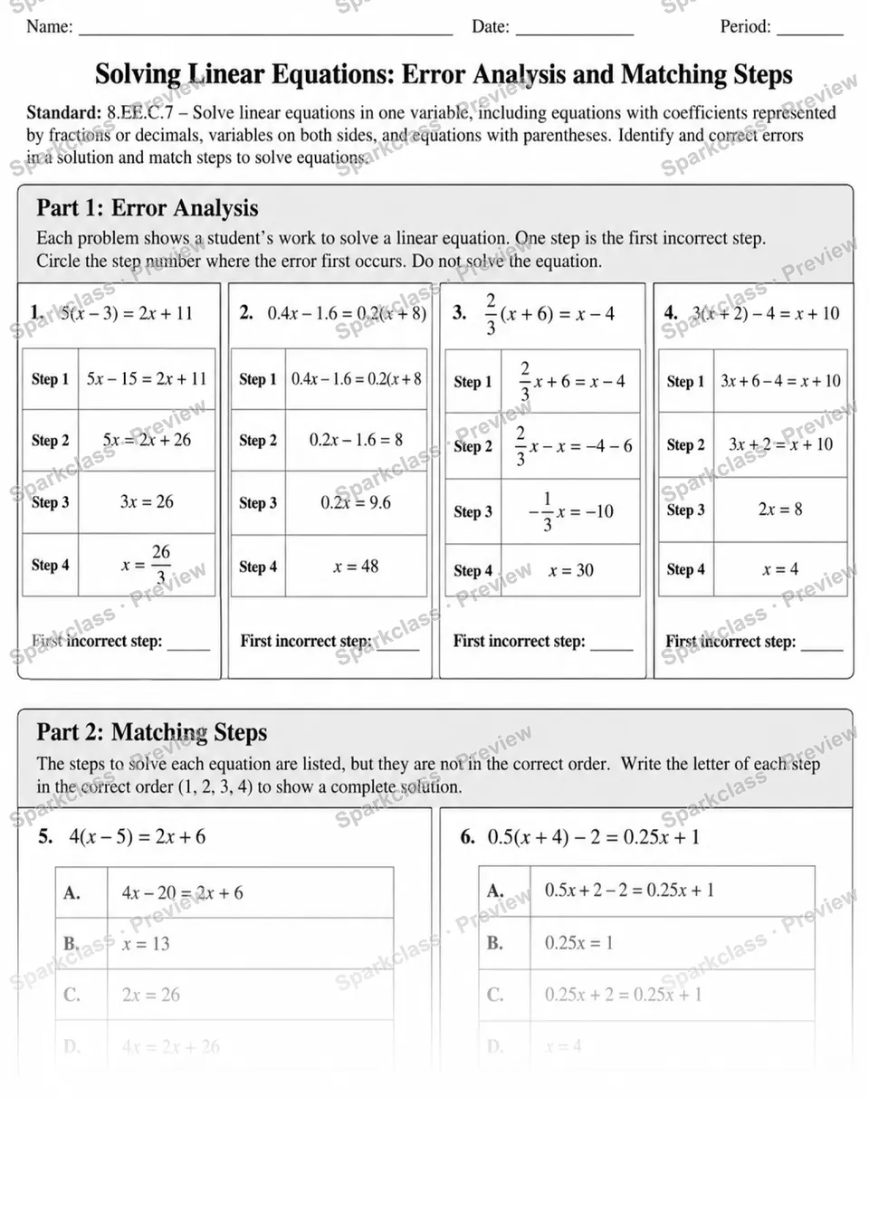 8.EE.C.7 · 7 Error Analysis Matching Final — page 1