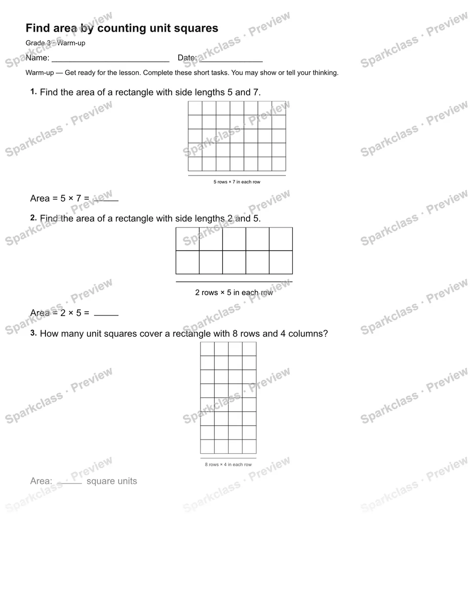 Find area by counting unit squares — Warm-up — page 1