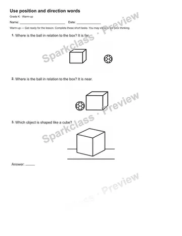 Use position and direction words — Warm-up — Kindergarten worksheet preview