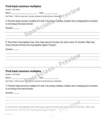 Find least common multiples — Exit Ticket — Grade 6 worksheet preview