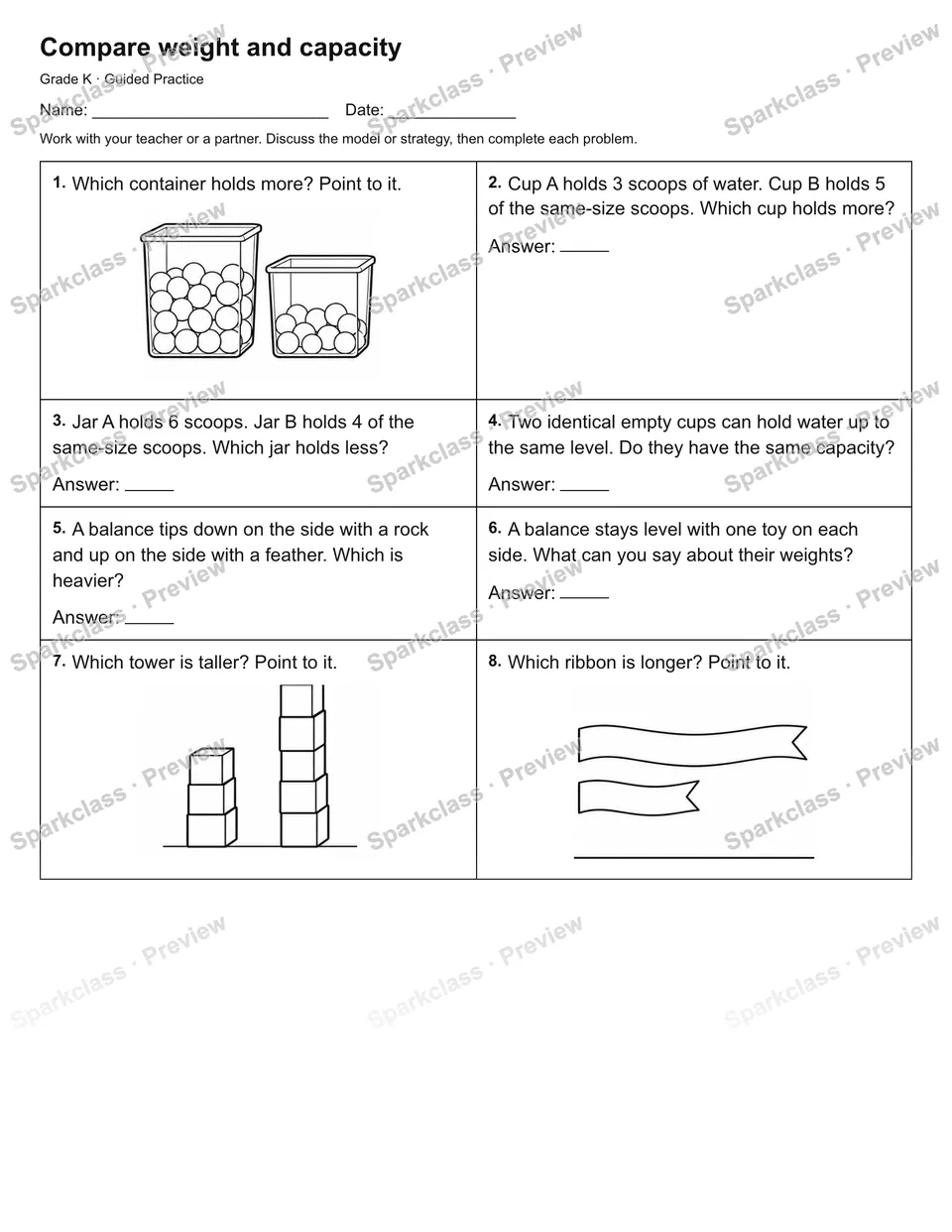 Compare weight and capacity — Guided Practice — page 1