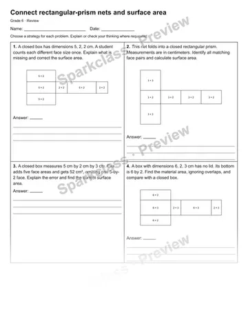 Connect rectangular-prism nets and surface area — Review — Grade 6 worksheet preview