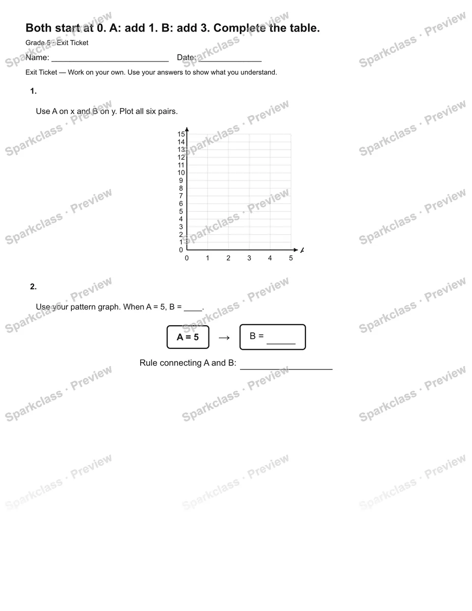 Both start at 0. A: add 1. B: add 3. Complete the table. — Exit Ticket — page 2