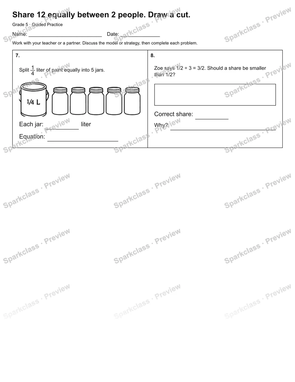 Share 12 equally between 2 people. Draw a cut. — Guided Practice — page 2