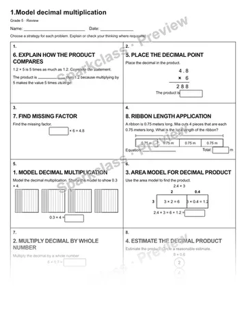 1.Model decimal multiplication — Review — Grade 5 worksheet preview