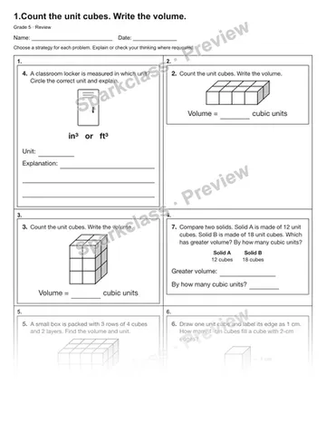 1.Count the unit cubes. Write the volume. — Review — Grade 5 worksheet preview