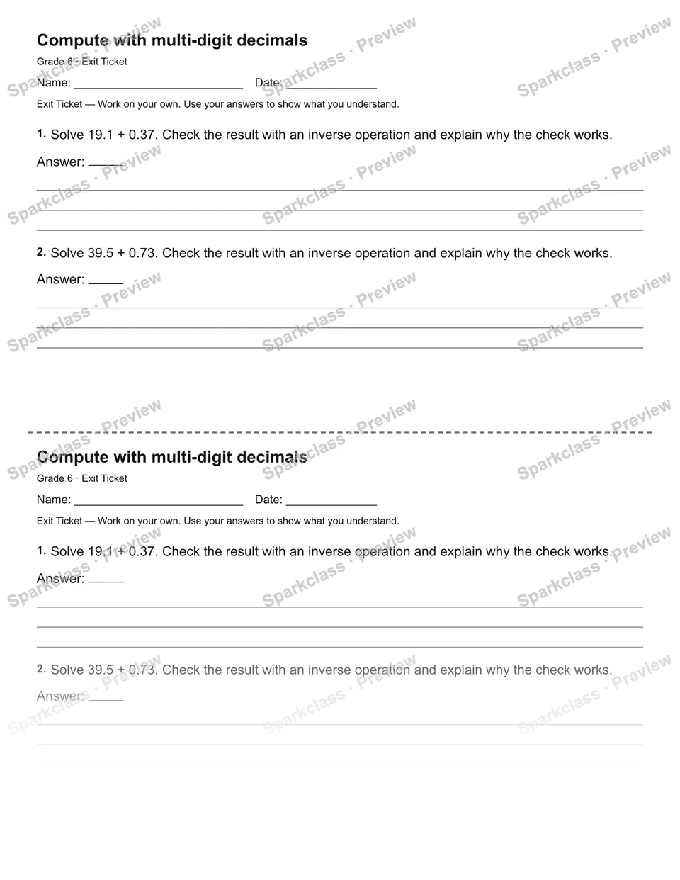 Compute with multi-digit decimals — Exit Ticket — page 1
