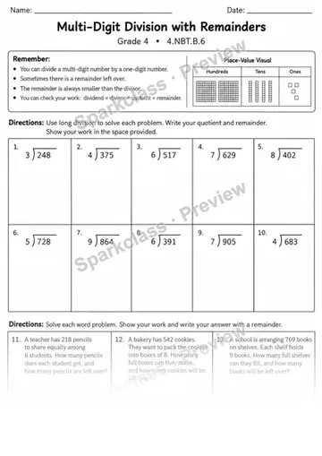 Multi-Digit Division and Remainders — Grade 4 worksheet preview