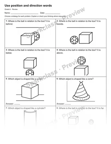 Use position and direction words — Review — Kindergarten worksheet preview