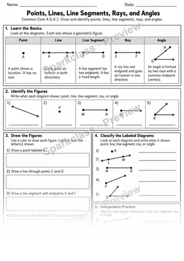 1 Points Lines Rays Variant 2 — Grade 4 worksheet preview