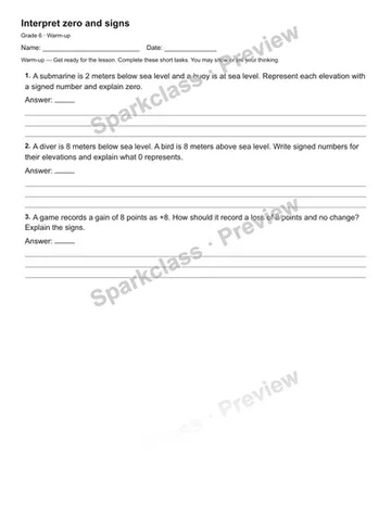 Interpret zero and signs — Warm-up — Grade 6 worksheet preview
