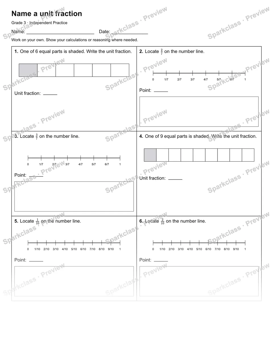 Name a unit fraction — Independent Practice — page 1