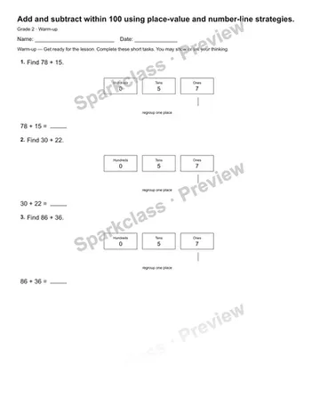 Add and subtract within 100 using place-value and number-line strategies. — Warm-up — Grade 2 worksheet preview