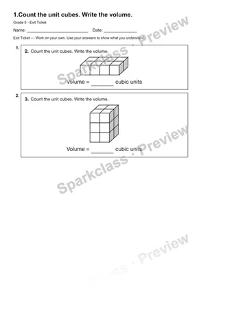1.Count the unit cubes. Write the volume. — Exit Ticket — Grade 5 worksheet preview