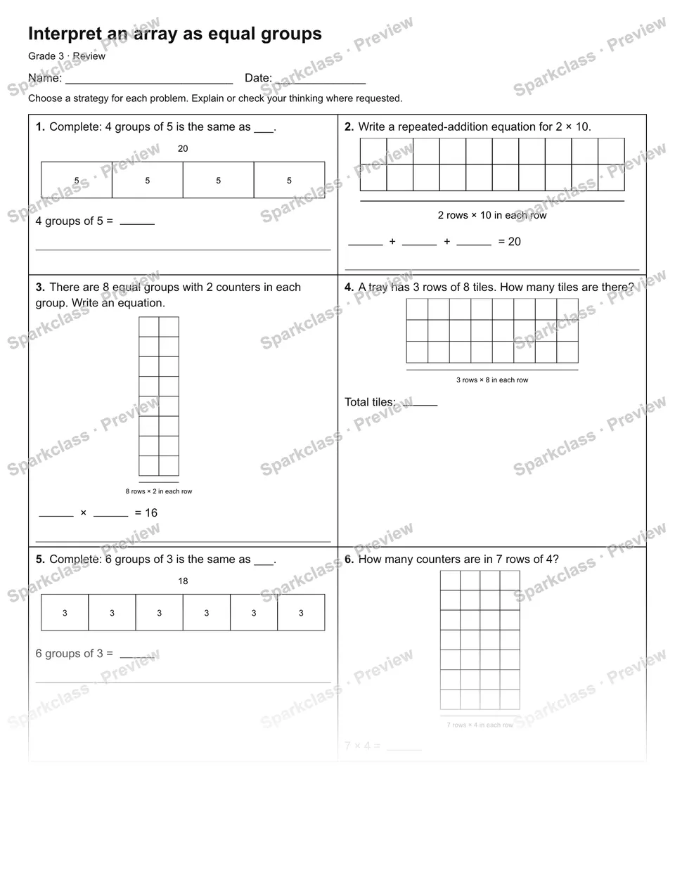 Interpret an array as equal groups — Review — page 1