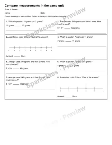 Compare measurements in the same unit — Review — Grade 3 worksheet preview