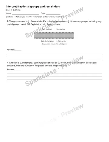 Interpret fractional groups and remainders — Exit Ticket — Grade 6 worksheet preview