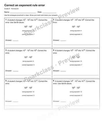 Correct an exponent rule error — Homework — Grade 8 worksheet preview