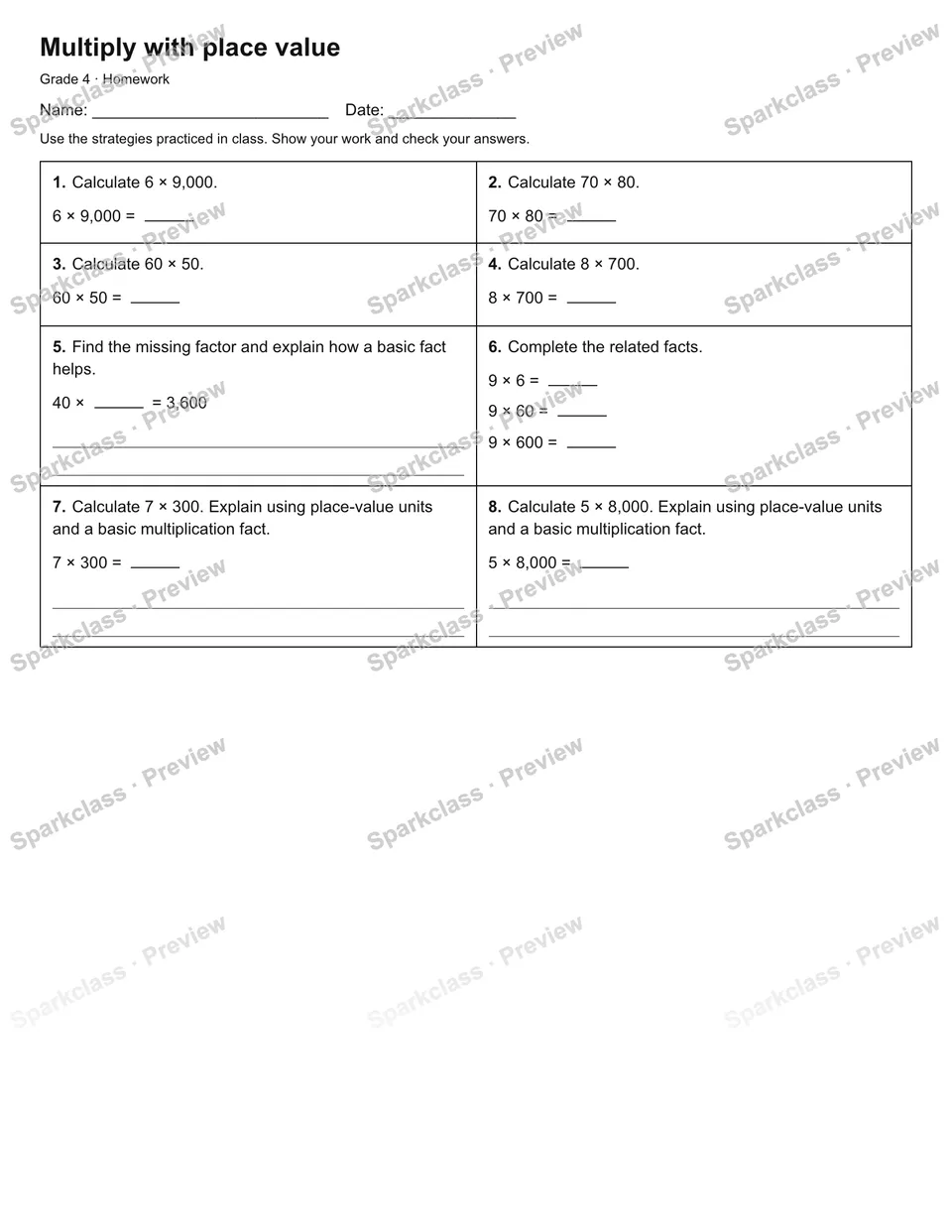 Multiply with place value — Homework — page 1